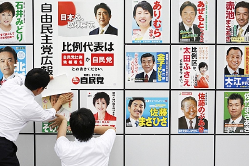 Staff members of Japan's ruling Liberal Democratic Party post election posters in Tokyo. Photo: Reuters