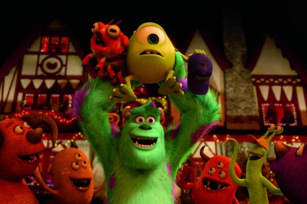 The film takes place when Mike (one eye) and Sulley (holding Mike up) are training to be scary.