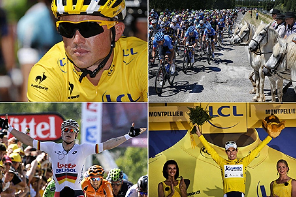 Australia's Simon Gerrans (top left); the pack riding past horses; Germany's Andre Greipel celebrating after crossing the finish line (bottom left); and South Africa's Daryl Impey celebrating on the podium at the end of Stage Six. Photo: AFP