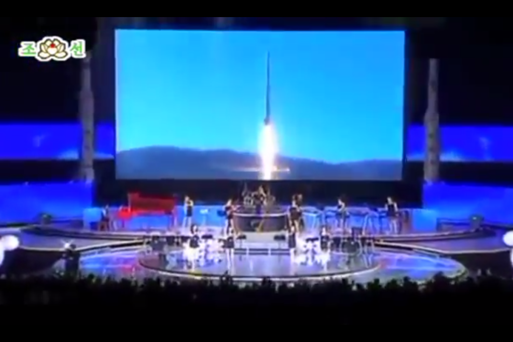 The Moranbong band seen performing at a concert to celebrate a successful rocket launch earlier this year. Screenshot from North Korean television