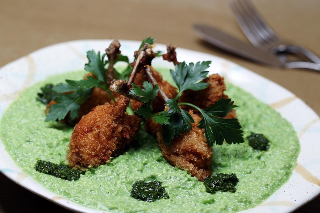 Frog's legs with green pea, mint and garlic purée and parsley pesto. Photography: Jonathan Wong