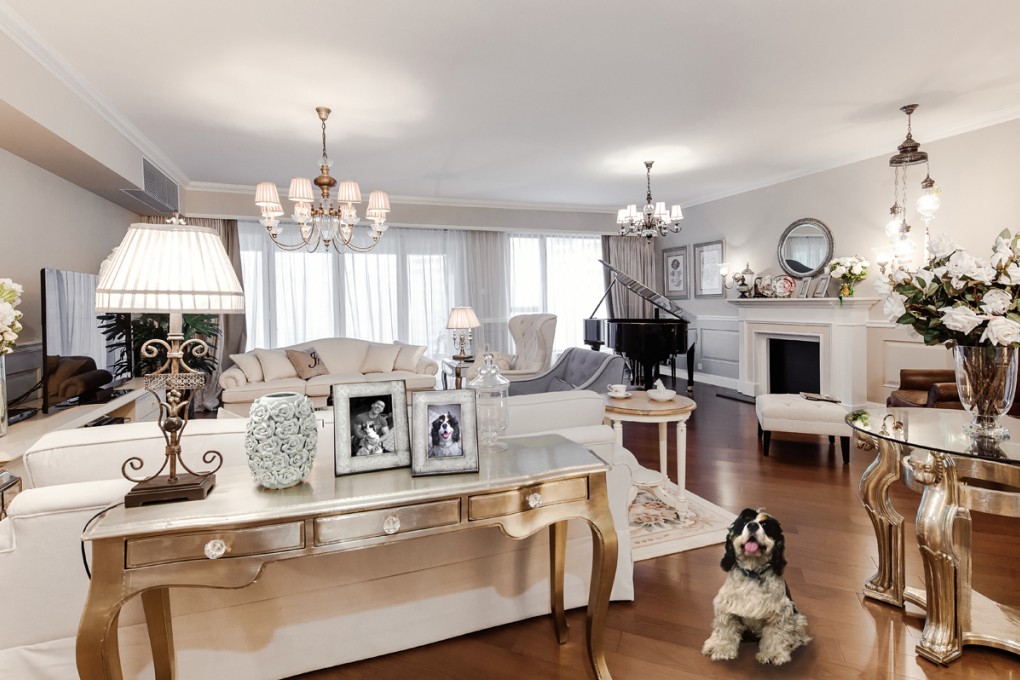 Living room: The console table (HK$12,000) came from Tequila Kola. The lamp (HK$4,500) was bought from Pearl Lighting Collection and the photo frames (HK$450 each) came from Mushroom (14 Aberdeen Street, Central, tel: 2851 7688). The round table with antique silver coating cost HK$11,000 from Tequila Kola. The dusty blue velvet armchair (HK$7,500) was from Artura Ficus and the antique circular side table next to it (HK$2,500) was from Shambala. The cream winged armchair (HK$6,890) came from Indigo Living and the adjacent side table (HK$13,500) and sofa (HK$23,500) were from Lux Home. The lamp on the side table cost HK$4,500 from Pearl Lighting Collection. Above the piano is a chandelier (HK$5,380) from King’s Lighting (76 Morrison Hill Road, tel: 2591 0190). JCAW designed and made the oval mirror above the fireplace for HK$8,000.