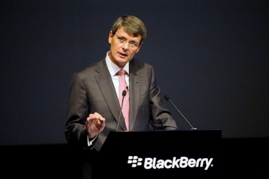 BlackBerry Chief Executive Thorsten Heins talks to shareholders at the company’s annual meeting this week. Photo: Reuters