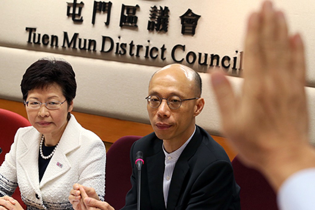 Chief Secretary Carrie Lam (left) and Secretary for the Environment Wong Kam-sing take questions at a Tuen Mun district council meeting on Thursday.  Photo: Dickson Lee