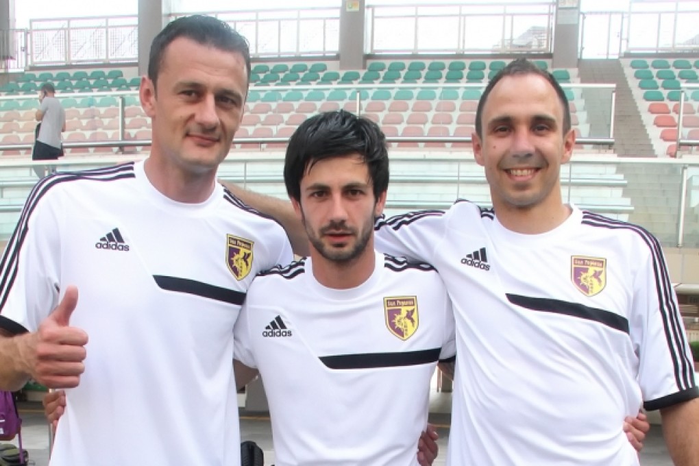 Admir Rascic, Aleksandar Randelovic, Josip Skoric, the three new players of Sun Pegasus Football Club. Photo: SCMP