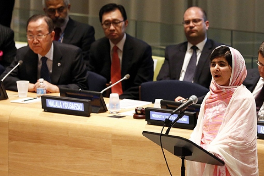 Malala Yousafzai gives her first speech since the Taliban in Pakistan tried to kill her for advocating education for girls, at the United Nations Headquarters in New York. Photo: Reuters