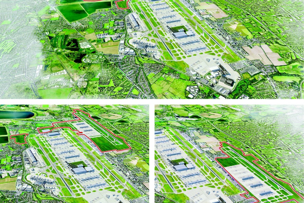 The three plans proposed by Heathrow: (top) a runway to the southwest; (bottom right) one to the north; or (bottom left) to the northwest.