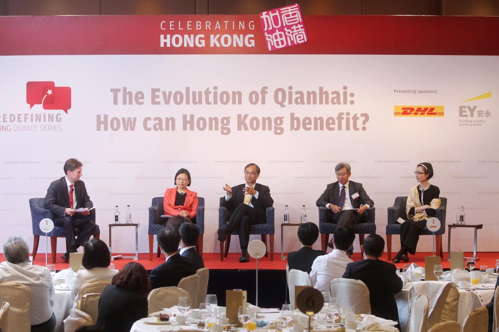 SCMP Business Editor Nick Edwards, HSBC Hong Kong chief executive Anita Fung, HKTDC research director Nicholas Kwan, HKFI chairman Thomas Lee and HKIFA chief executive Sally Wong share their views at the forum held at the JW Marriott Hotel. Photo: May Tse