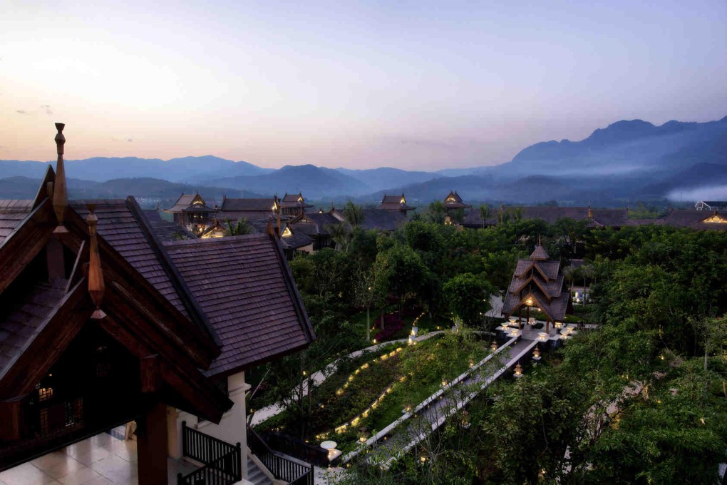 Misty mountains surround the resort.