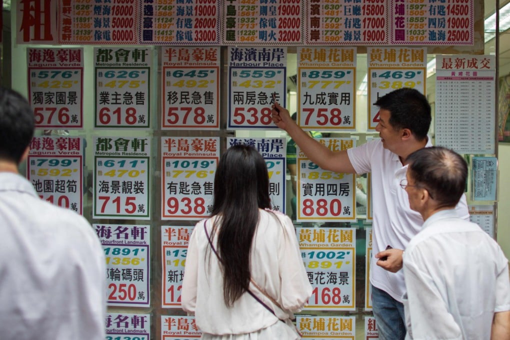 Home buyers browse ads for property rentals and sales in the window of a real estate agency in Hung Hom. Photo: Bloomberg