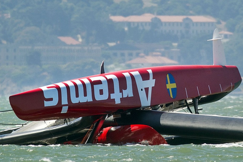 The Artemis racing catamaran capsized in San Francisco Bay during training for the America's Cup. The cause is unknown. Photo: AP