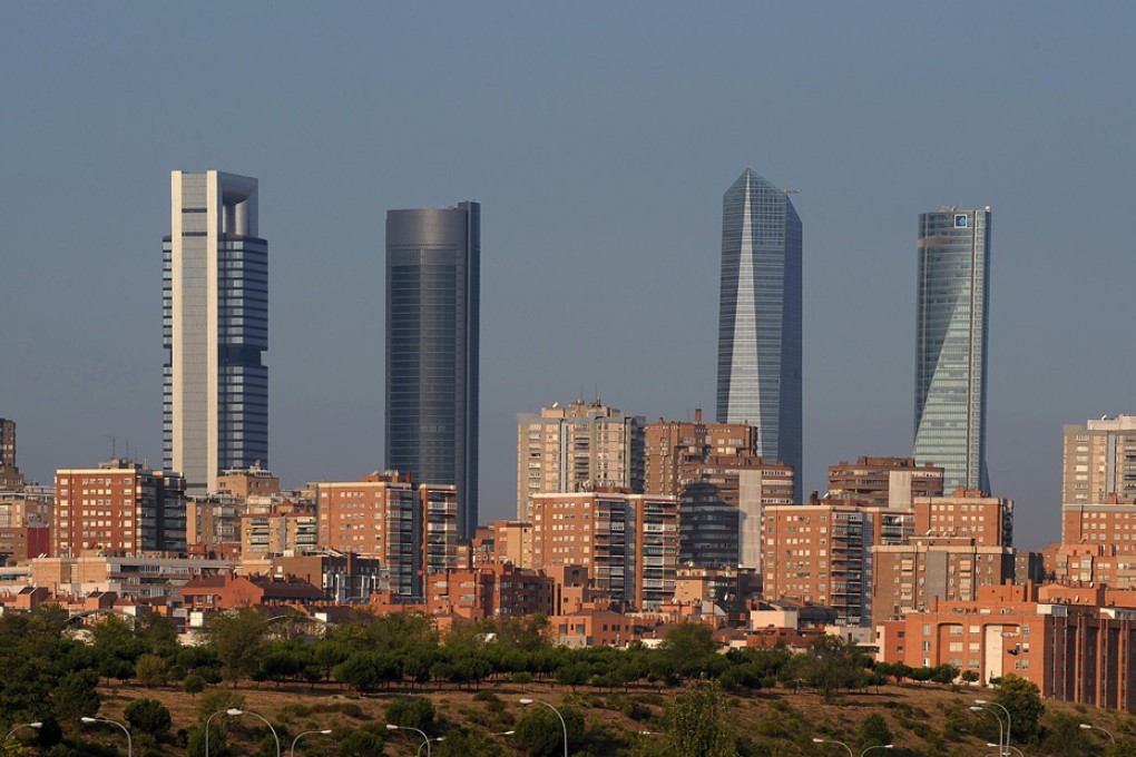 The Cuatro Torres business district in Madrid. Yields for prime offices were about 6.25 per cent in the city in the first quarter, up from 5.75 per cent a year ago. Photo: Bloomberg
