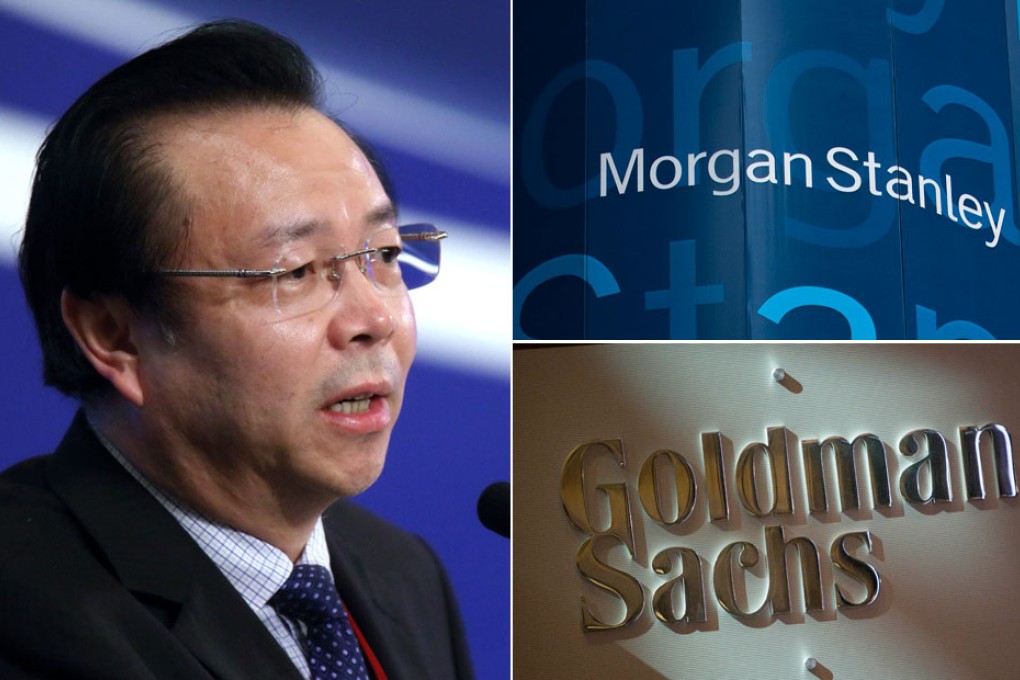 Lai Xiaomin, chairman of China Huarong Asset Management (left). Morgan Stanley and Goldman Sachs are in advanced talks to take a stake in Huarong.
