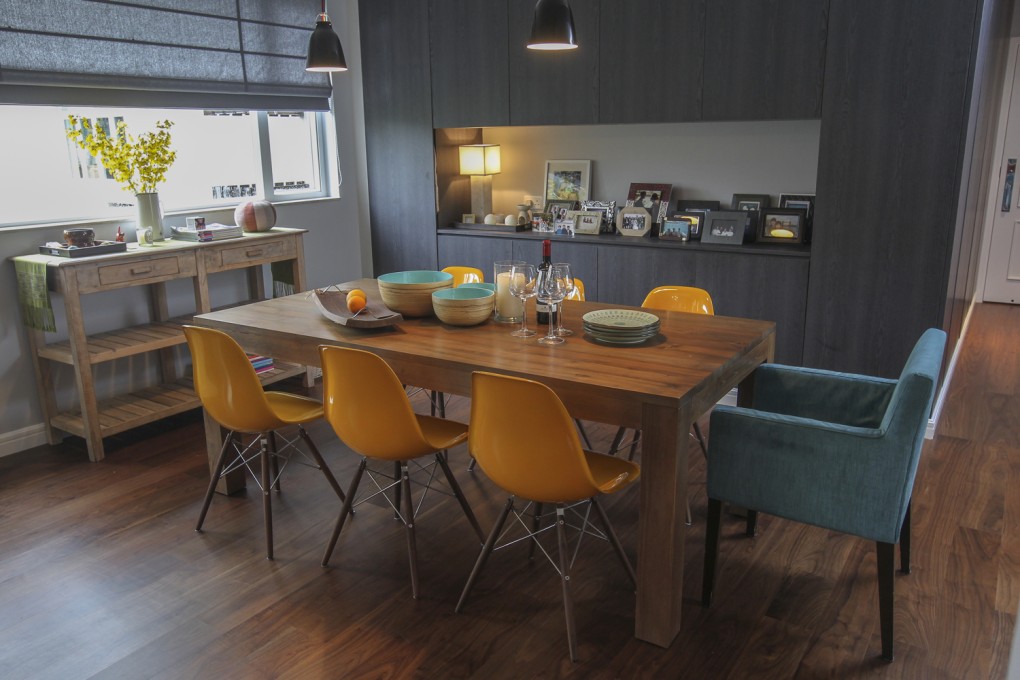 Dining room: The wall units (HK$33,925), which provide storage for everything from shoes to glasses, were designed and built by Le’ Zang Creative. The dining table (HK$13,650) and Eames Eiffel side chairs (HK$1,950 each) were from Tree, as was the dresser, which was bought years ago. The Caravaggio steel pendant ceiling lights (HK$2,170 each), by Cecilie Manz, came from Manks (3/F, The Factory, 1 Yip Fat Street, Wong Chuk Hang, tel: 2522 2115). The blue chair is from Lisa Wong’s old dining suite and was custom made by Casa Vogue (165 Queen’s Road East, Wan Chai, tel: 2529 4841).