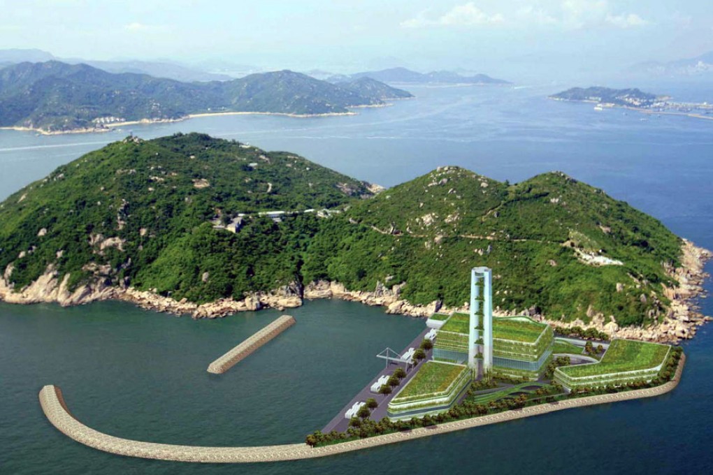 An artist's impression of how the controversial waste incinerator would sit on Shek Kwu Chau. Photo: SCMP