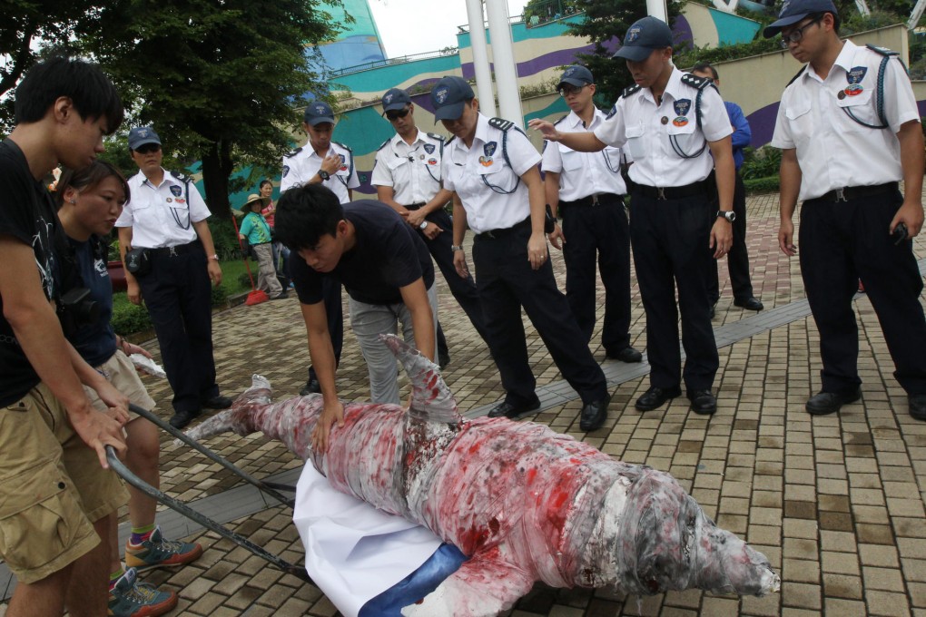 A model of an injured dolphin was on display at the protest. Photo: David Wong