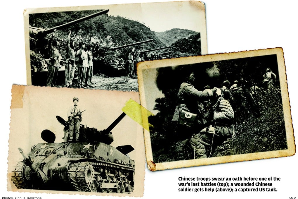 Chinese troops swear an oath before one of the war's last battles (top); a wounded Chinese soldier gets help (right); a captured US tank.