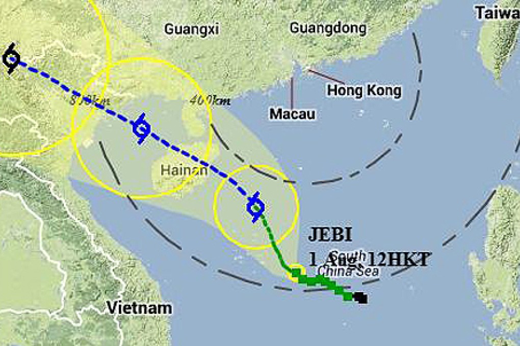 Tropical Storm Jebi is forecast to move northwest across the central part of the South China Sea in the direction of Hainan Island. Photo: Screenshot from HK Observatory
