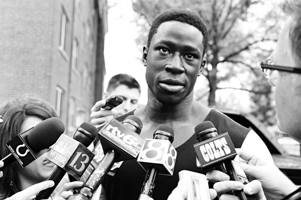 Daniel Adongo speaks with the media as he tries to win a place in the NFL despite never having played the game before. Photo: AP