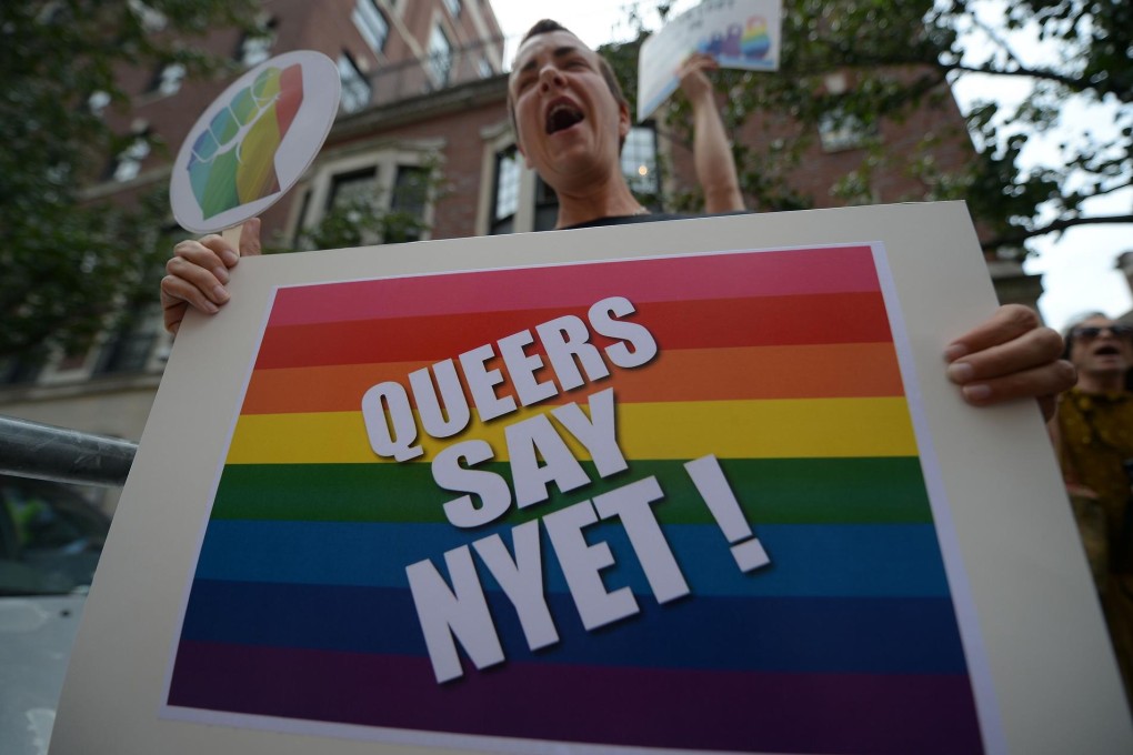 Protesters in New York called for a boycott of Russian products and for Russia to repeal the law before Sochi. Photo: AFP