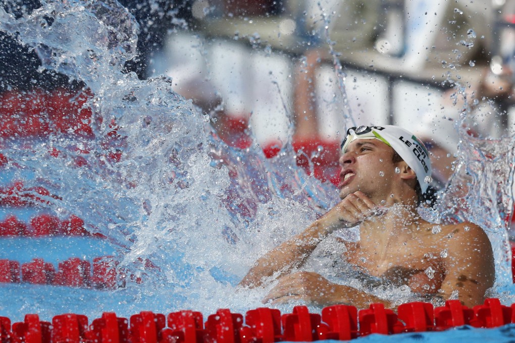 Chad le Clos of South Africa reacts after winning gold in the men's 100 metre butterfly final at the World Championships in Barcelona. Photo: Xinhua