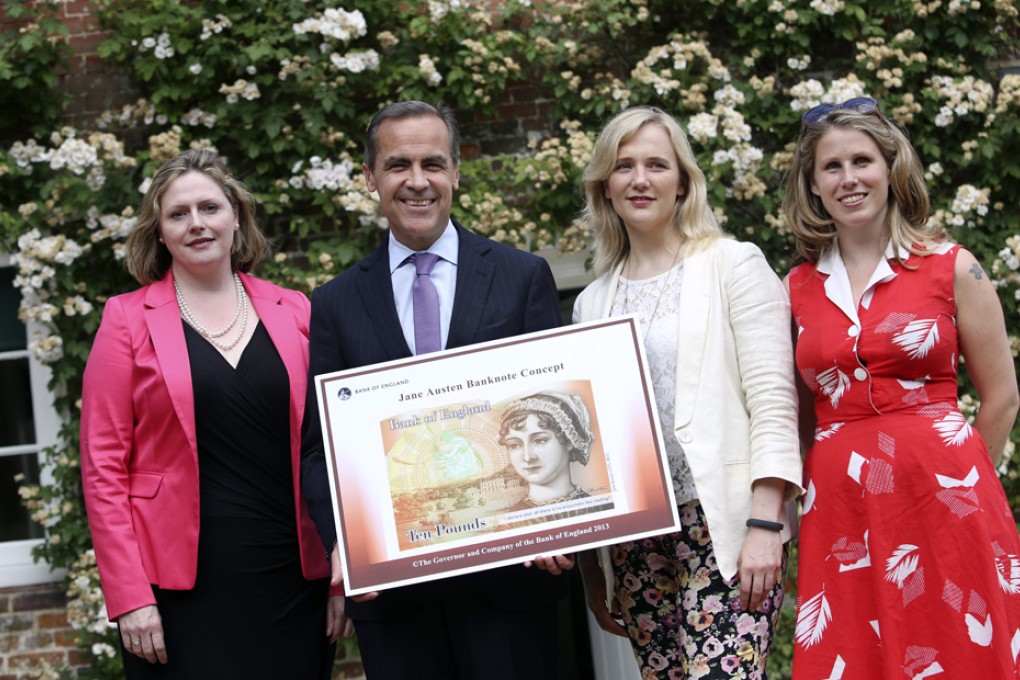 (Left to right) Mary Macleod, Mark Carney, Stella Creasy and Caroline Criado-Perez pose for a photograph following the presentation of the concept design for the new Bank of England ten pound banknote, featuring author Jane Austen. Photo: Bloomberg