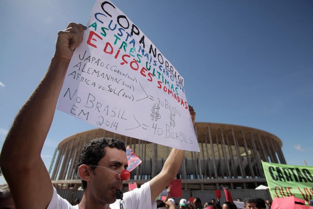 There is widespread dissatisfaction in Brazil, as illustrated in this protest outside a renovated soccer stadium in Brasilia which hosted a number of Confederations Cup games.Photo: AP