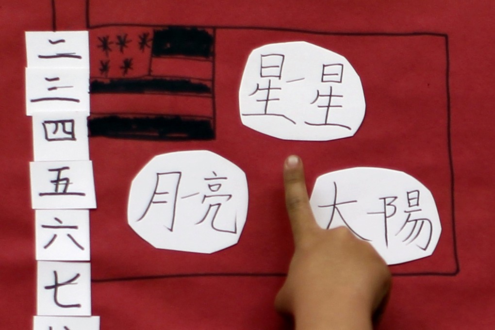 A student points to Chinese characters beside a drawing of a US flag at Broadway Elementary School in Venice, Los Angeles. Photo: Reuters