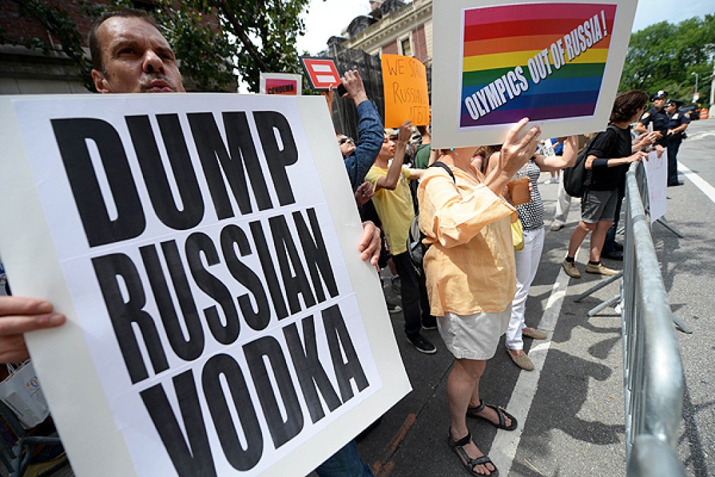 Protesters hold a demonstration against Russian anti-gay legislation in front of the Russian Consulate in New York. Photo: AFP