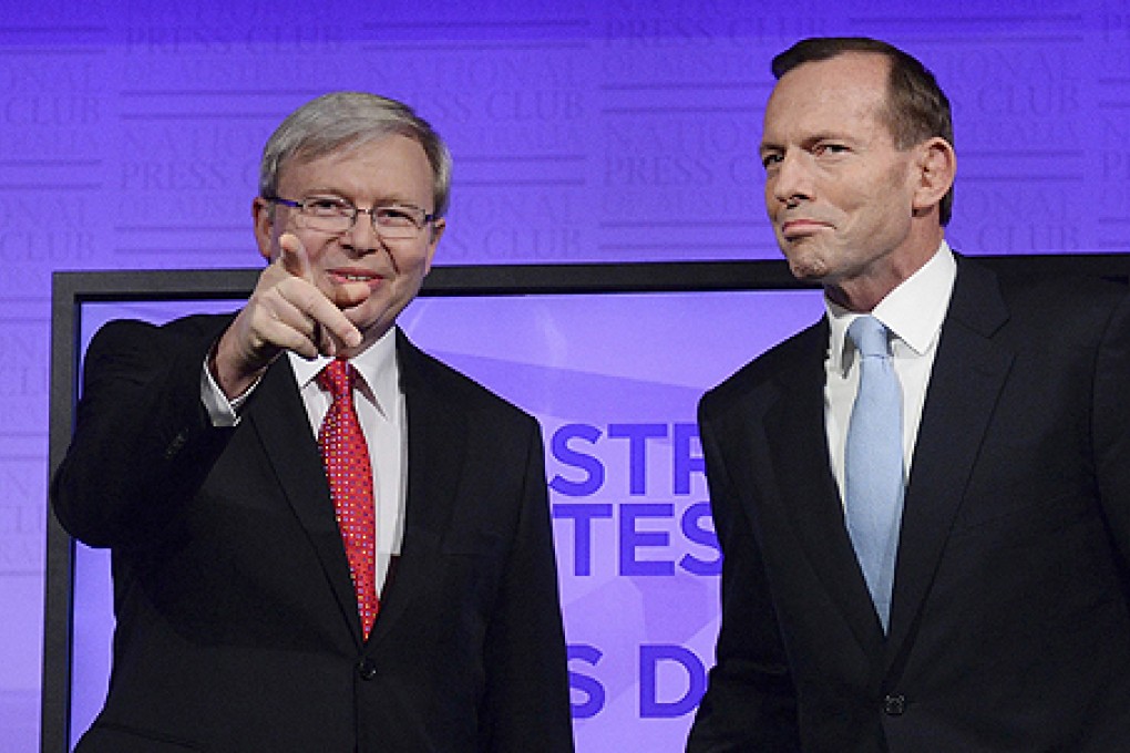 Kevin Rudd (left) and Tony Abbott at the debate. Photo: AP