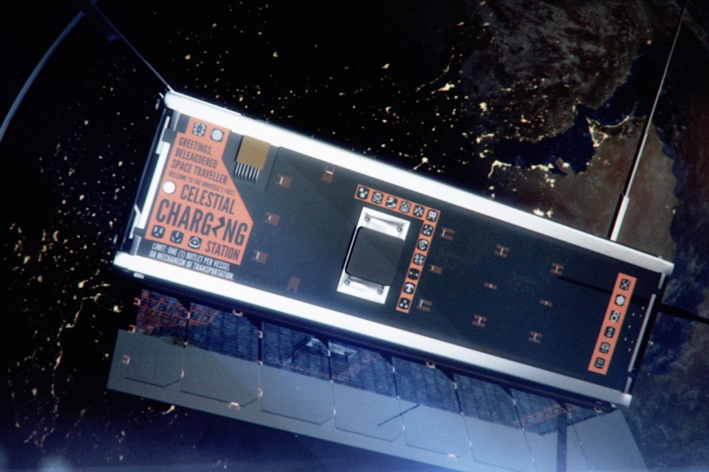 Rendition of the orbiting work of art, an oversized electrical charging device, which will be etched into the side of a satellite. Photo: AP