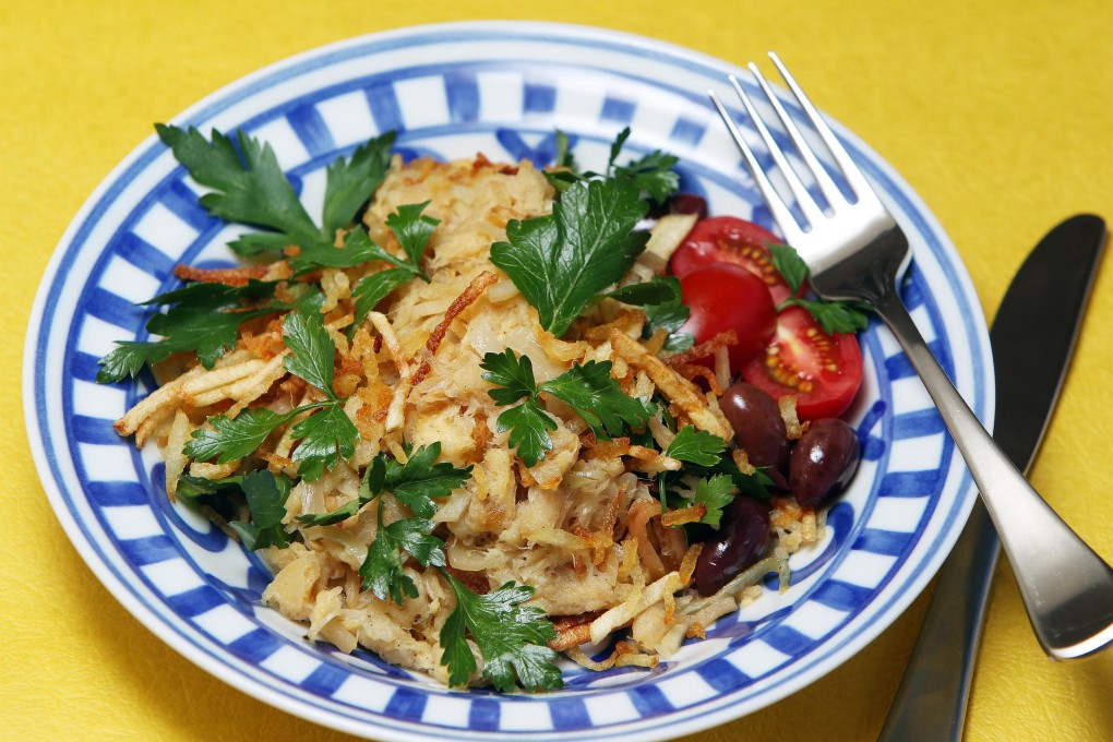 Salt cod mixed with shoestring potatoes and scrambled eggs