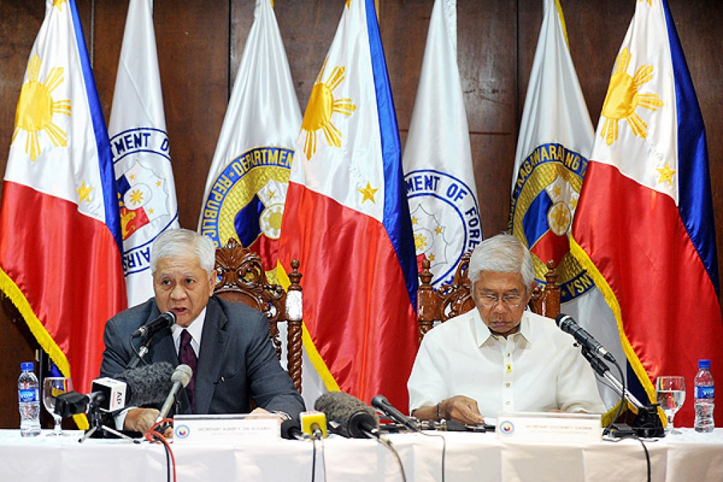 Philippine Foreign Secretary Albert del Rosario speaks at at Camp Aguinaldo in Manila. Photo: AFP