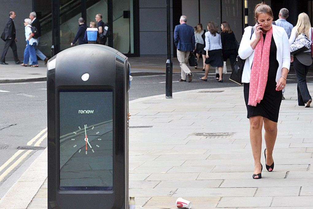 One of the hi-tech rubbish bins used to collect smartphone data from passers-by that have been banned by the City of London. Photo: AFP