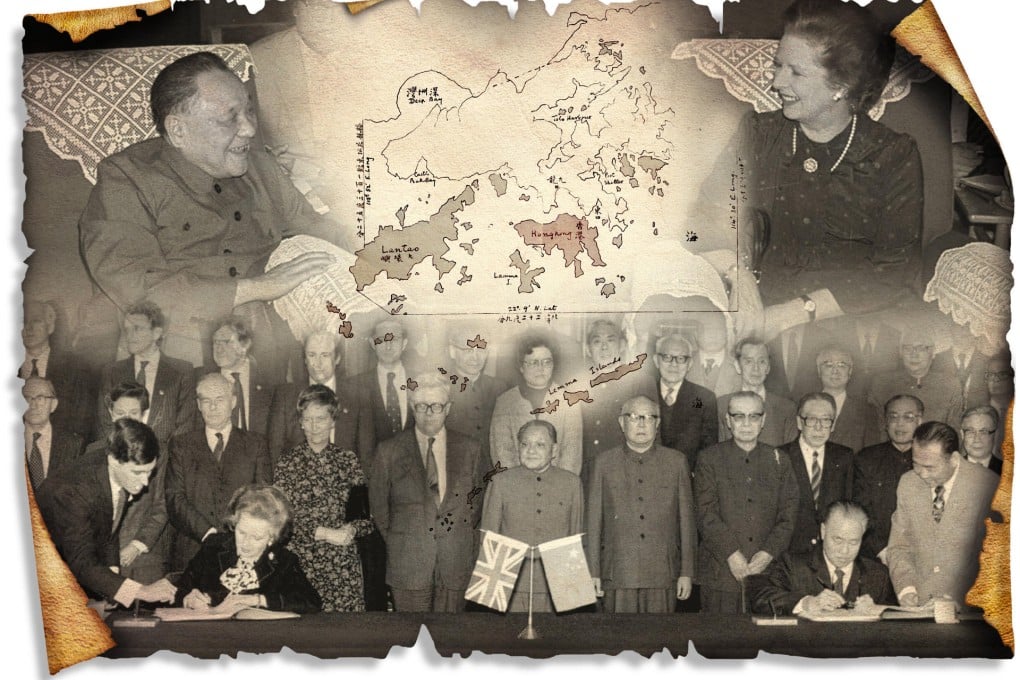 Deng Xiaoping and Margaret Thatcher in 1982 (top), a 19th century map of Hong Kong and (above) Thatcher and Zhao Ziyang sign the Joint Declaration in Beijing in 1984. Photos: AFP, SMP Pictures, AP