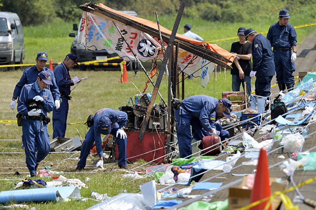 Police investigators gather at the site of a Thursday's blast in Kyoto. Photo: AP