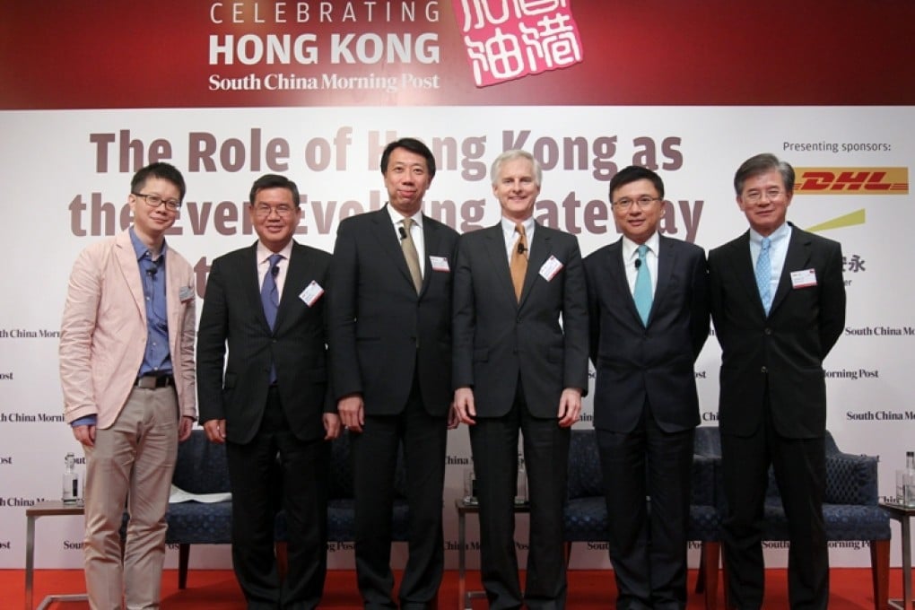 George Chen, Financial Services Editor of SCMP; Albert Ng, Regional Managing Partner of EY Greater China; Benjamin Hung, Executive Director and Chief Executive Officer of Standard Chartered Bank (Hong Kong), John Slosar, Chief Executive Of Cathay Pacific Airways; Chan Ka-keung, Secretary for Financial Services and the Treasury and Vincent Lo, Chairman of Shui On Group attend the forum "The Role of Hong Kong as the Ever-Evolving Gateway to and for China" at Admiralty. Photo: K. Y. Cheng