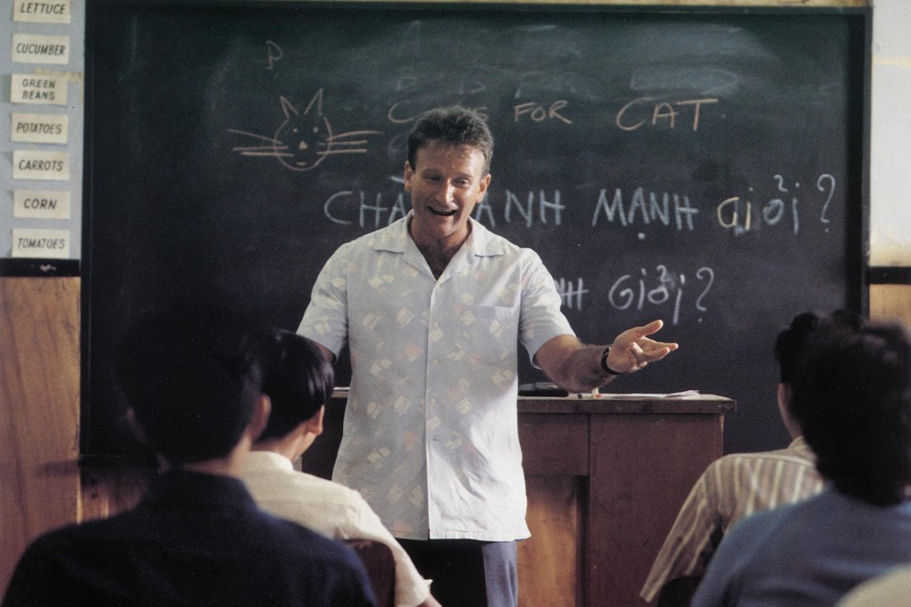 Robin Williams teaching students in the film Good Morning, Vietnam.