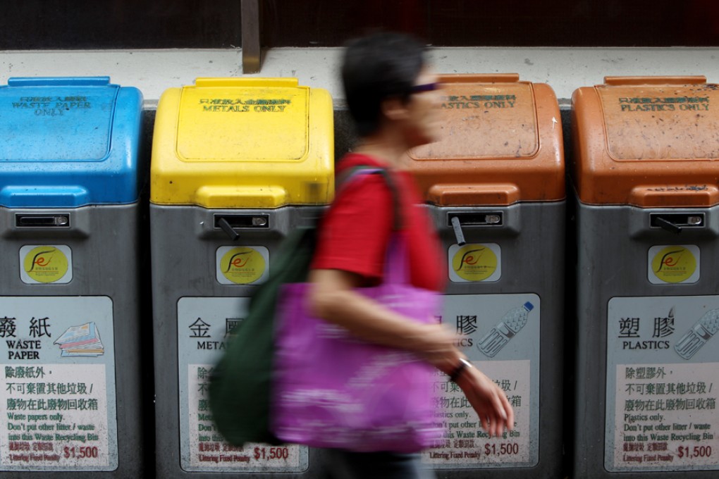 Three-coloured recycling bins on the street. Photo: Sam Tsang