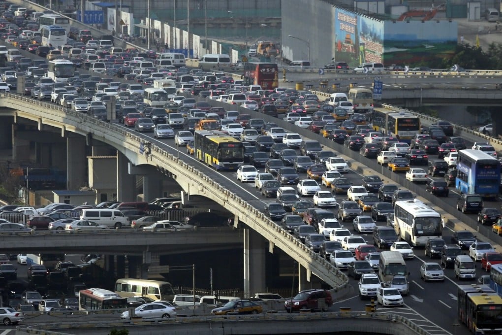 Lines of cars are pictured during a rush hour traffic jam on Guomao Bridge in Beijing. Photo: Reuters