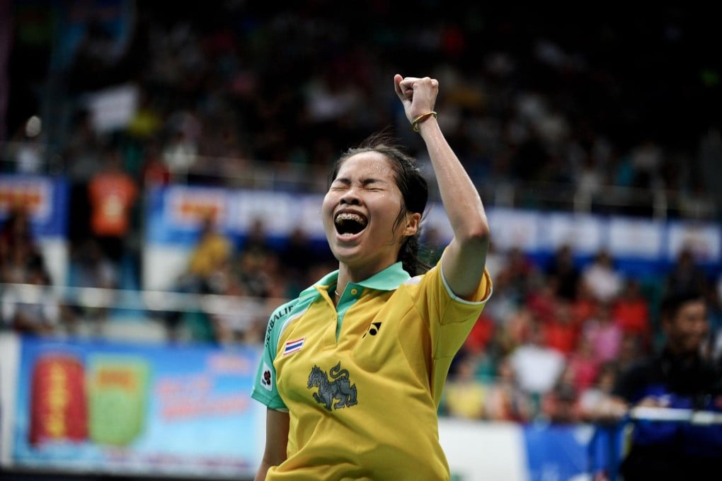 Ratchanok celebrates in Guangzhou. Photo: AFP