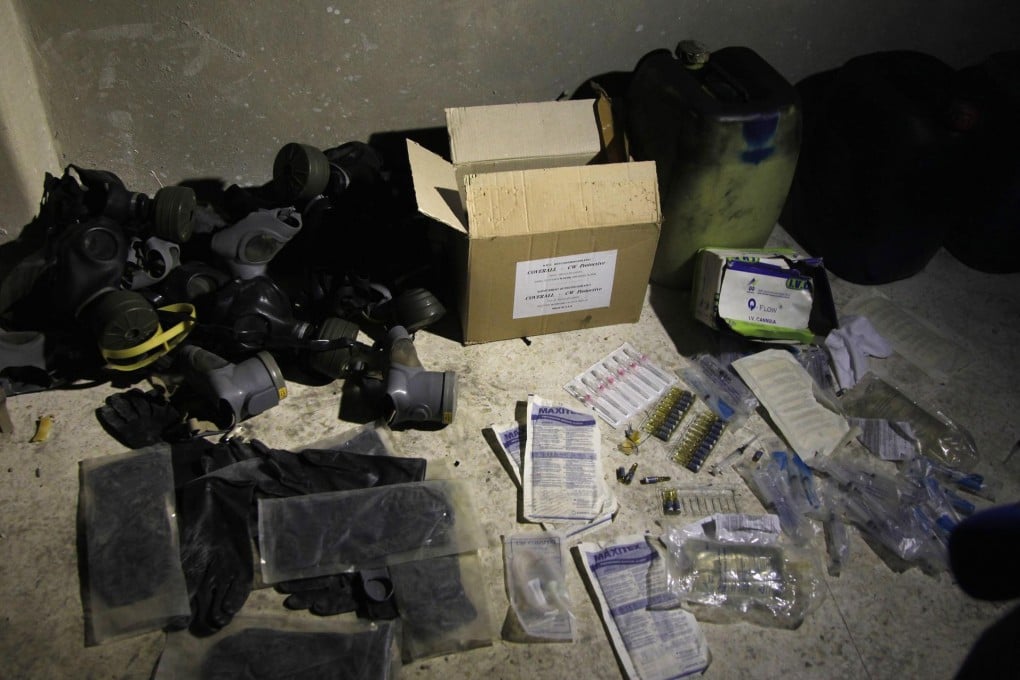 Chemical material and gas masks found in a Damascus warehouse on Saturday following last week's alleged gas attack. Photo: Reuters