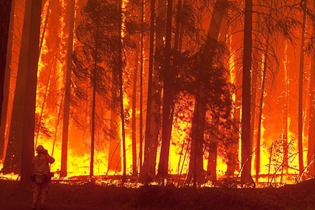 Flames burn near the City of Berkeley's Toulumne Family Camp near Groveland, California, on Sunday. Photo: EPA