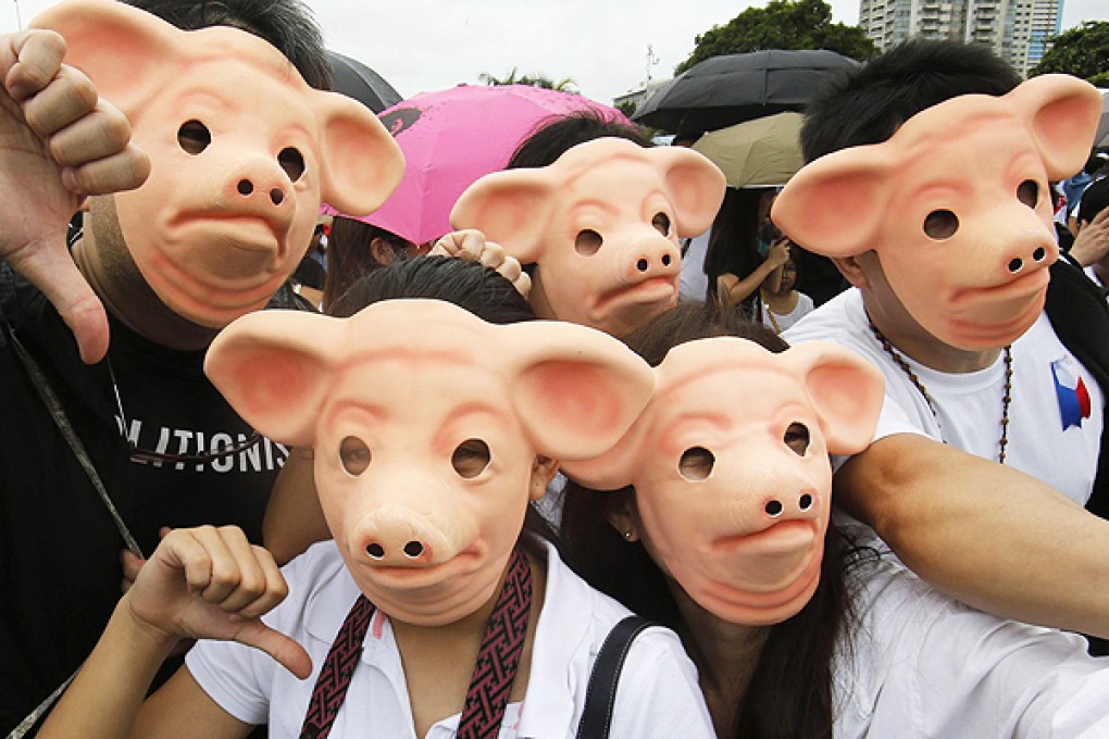 Protesters in pig masks chanted "don't be a pig" and "down with pork" to vent their anger at pork barrelling. Photo: EPA