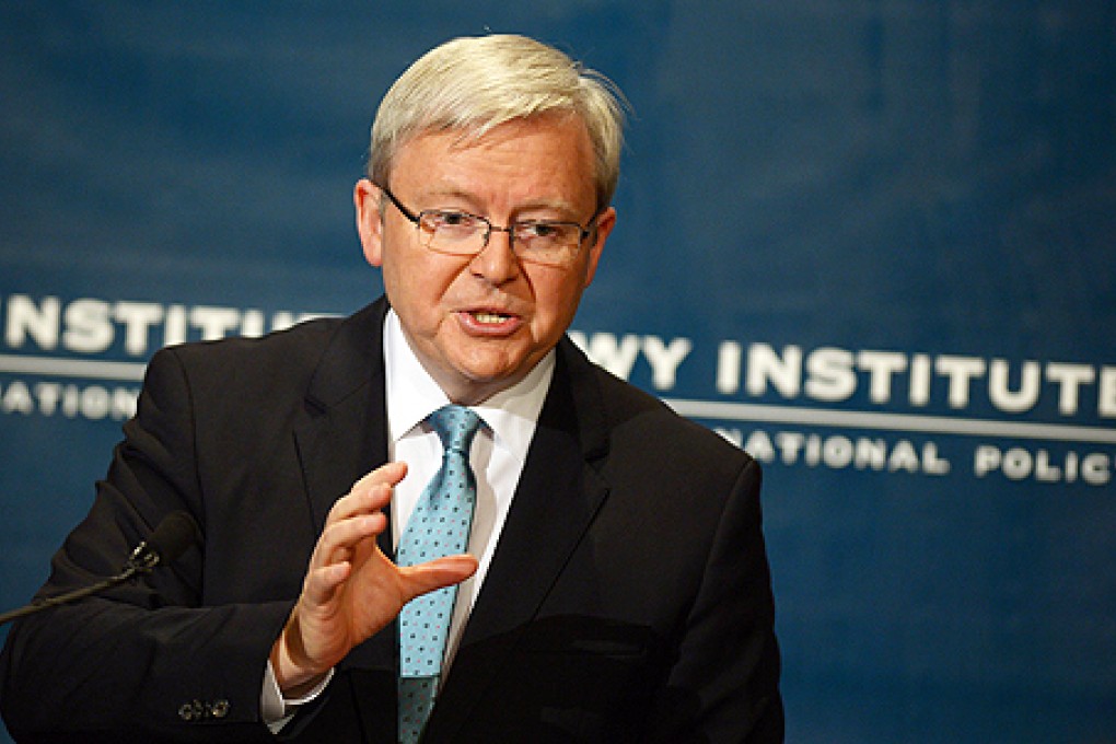 Australian Prime Minister Kevin Rudd delivers an address on global and regional economic and security challenges facing Australia, at the Lowy Institute for International Policy in Sydney on Tuesday. Photo: AFP