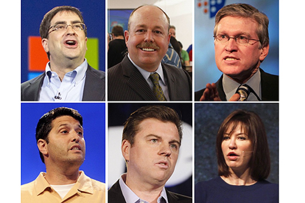 (Top row Left-Right): Eric Rudder, Kevin Turner, Jeff Raikes, (bottom row, Left-Right): Terry Myerson, Tony Bates and Julie Larson-Green. Photo: Reuters