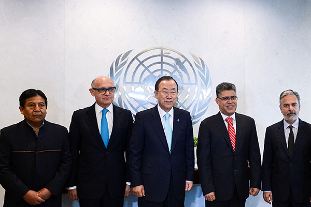 United Nations Secretary-General Ban Ki-moon with visiting foreign ministers. Photo: Xinhua
