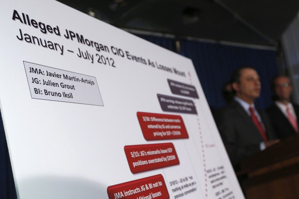A chart shows the names of two derivative traders - Javier Martin-Artajo and Julien Grout - during a news conference by Preet Bharara, US Attorney for the Southern District of New York announcing the unsealing of charges against the two in New York earlier this month. Photo: Reuters