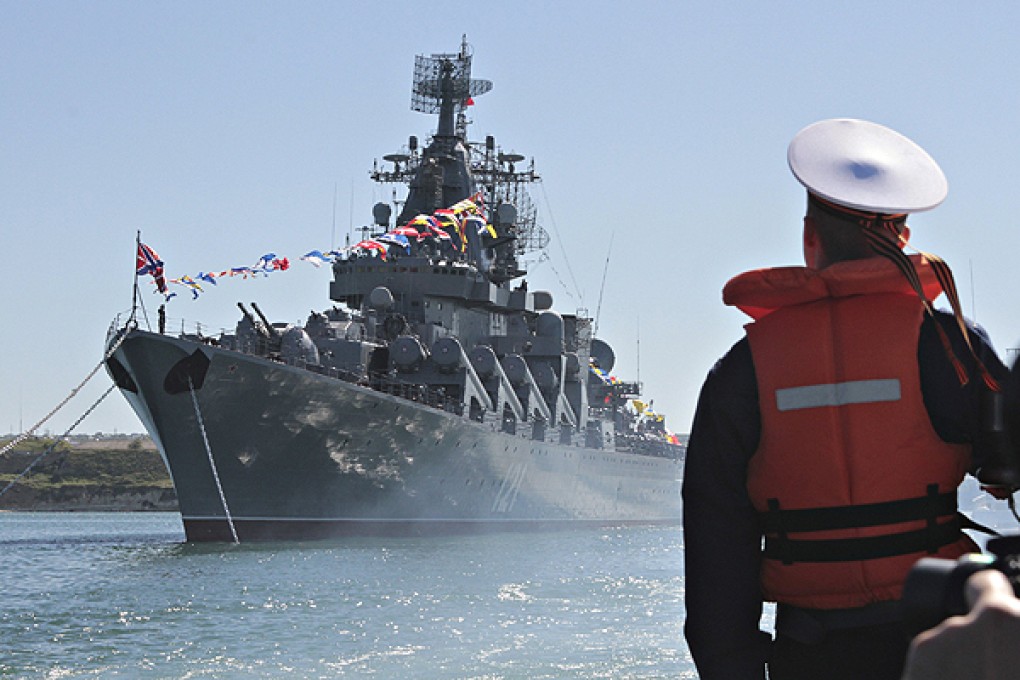 Russian missile cruiser Moskva moored in the Ukrainian Black Sea port of Sevastopol. Photo: Reuters