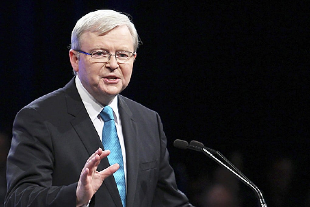 Australian Prime Minister Kevin Rudd speaks during the Australian Labor Party's campaign launch in Brisbane, Australia. Rudd has mounted a spirited defence of same-sex marriage only days before Australian elections. Photo: AP